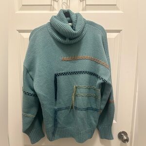 Cowl neck crochet yarn teal sweater